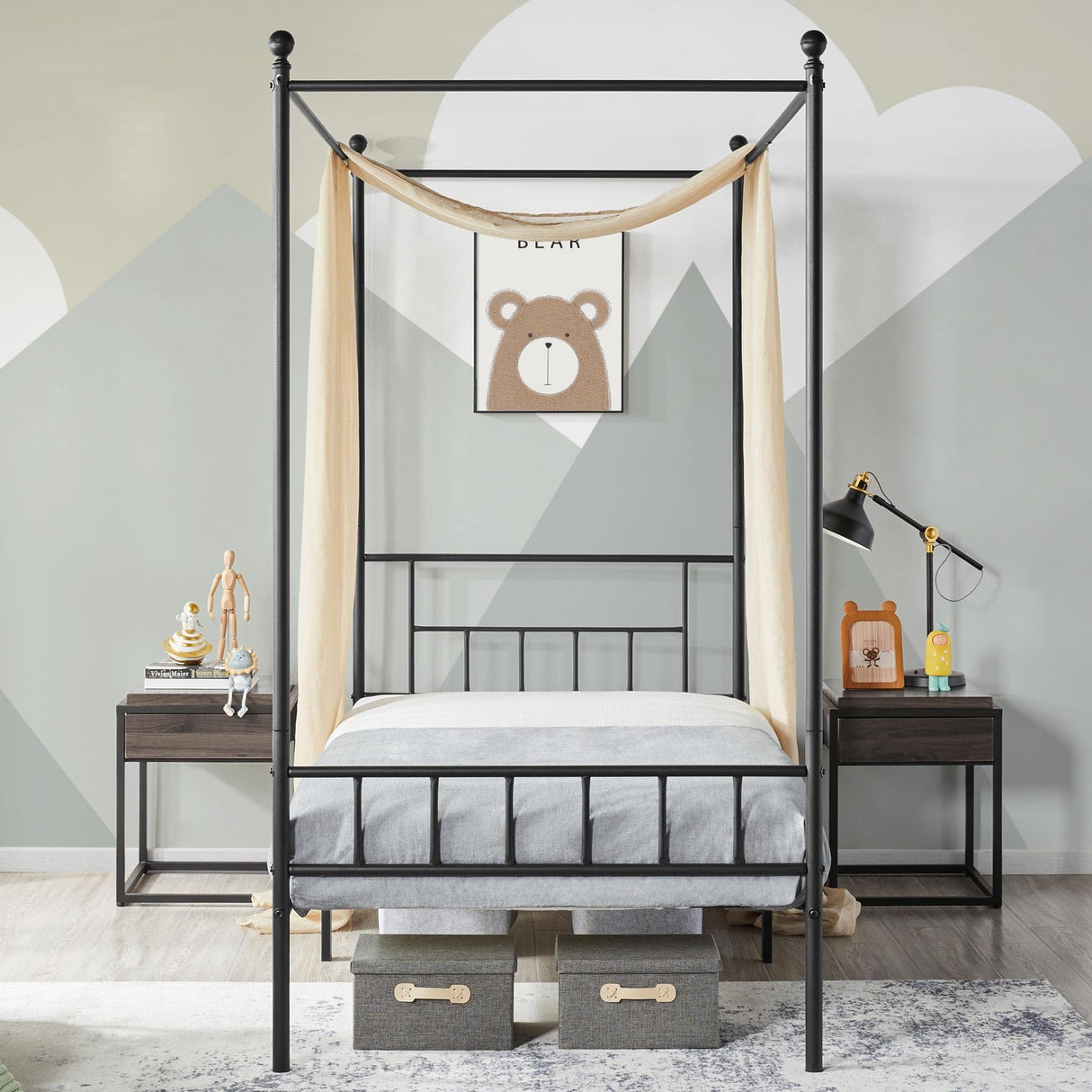 Metal Canopy Platform Bed Frame Four-Poster Canopied Bed Mattress