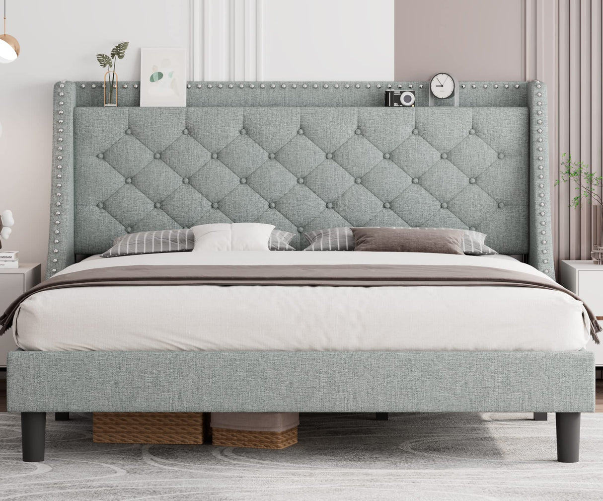 King Size Bed Frame with Aesthetic Wingback, Upholstered Platform Bed