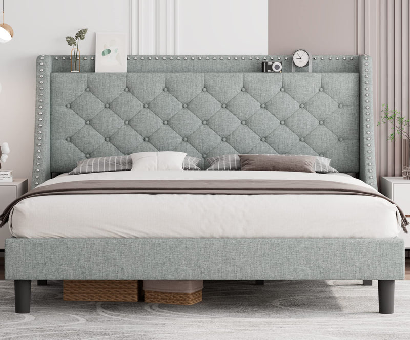 King Size Bed Frame with Aesthetic Wingback, Upholstered Platform Bed with Diamond Tufting Headboard