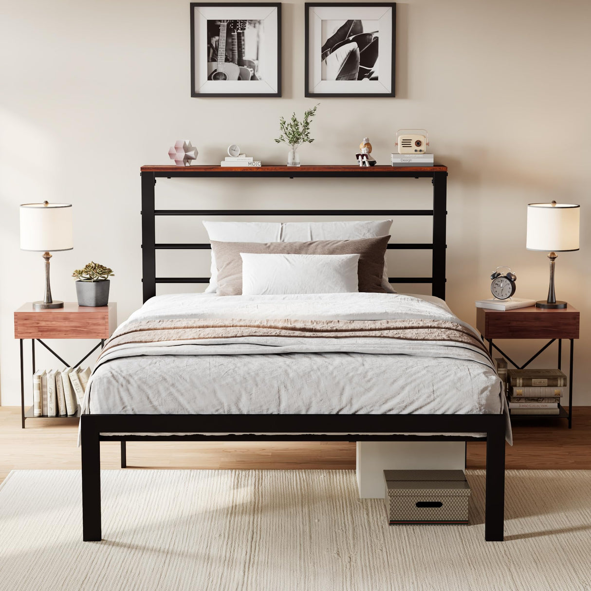 Twin Size Bed Frame with Headboard Shelf, Heavy Duty Platform Bed Frame with Strong