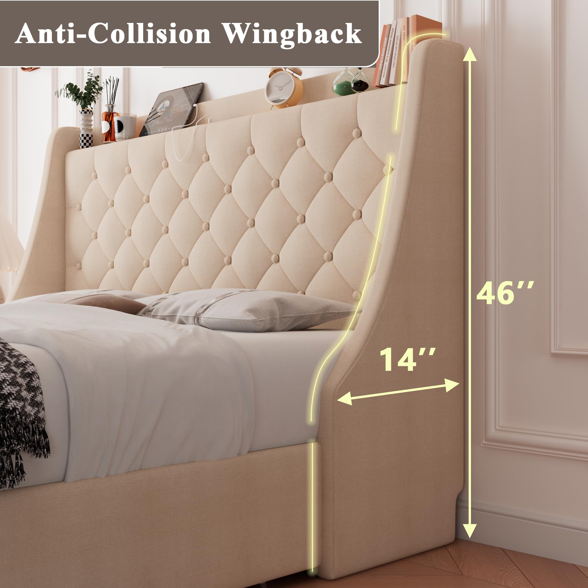 Queen Bed Frame with 4 Storage Drawers, Type-C & USB Port and Charging Station