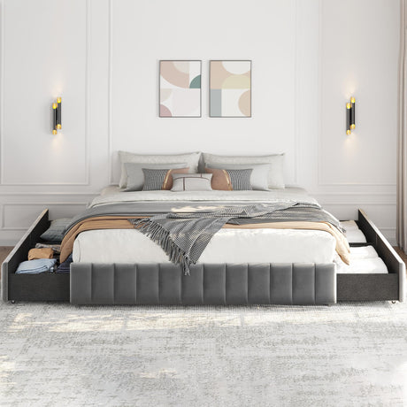 King Bed Frame with Storage – Upholstered Platform Bed with Drawers