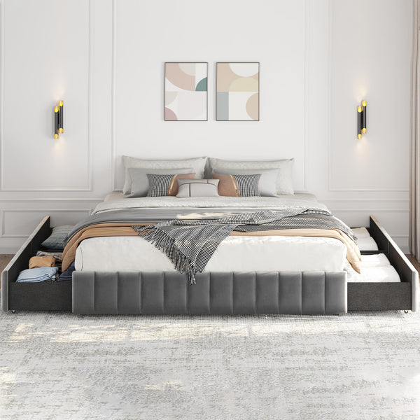 King Bed Frame Upholstered Platform Bed with 4 Storage Drawers, Large Storage
