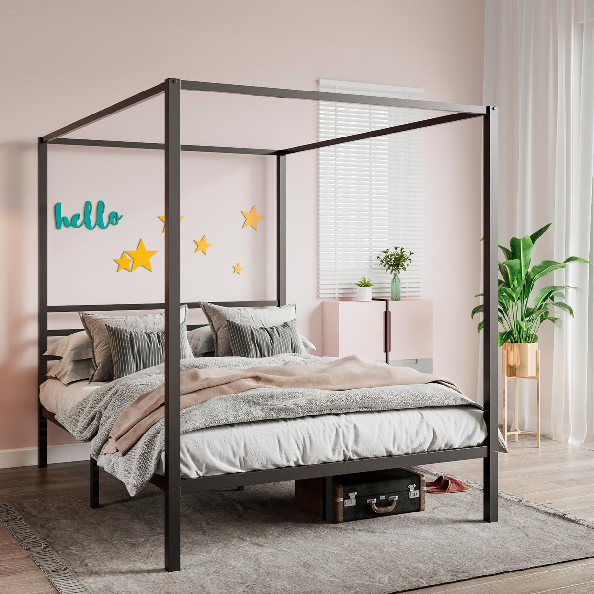 Metal Canopy Bed Frame Queen Size/Mattress Foundation with Metal Slats