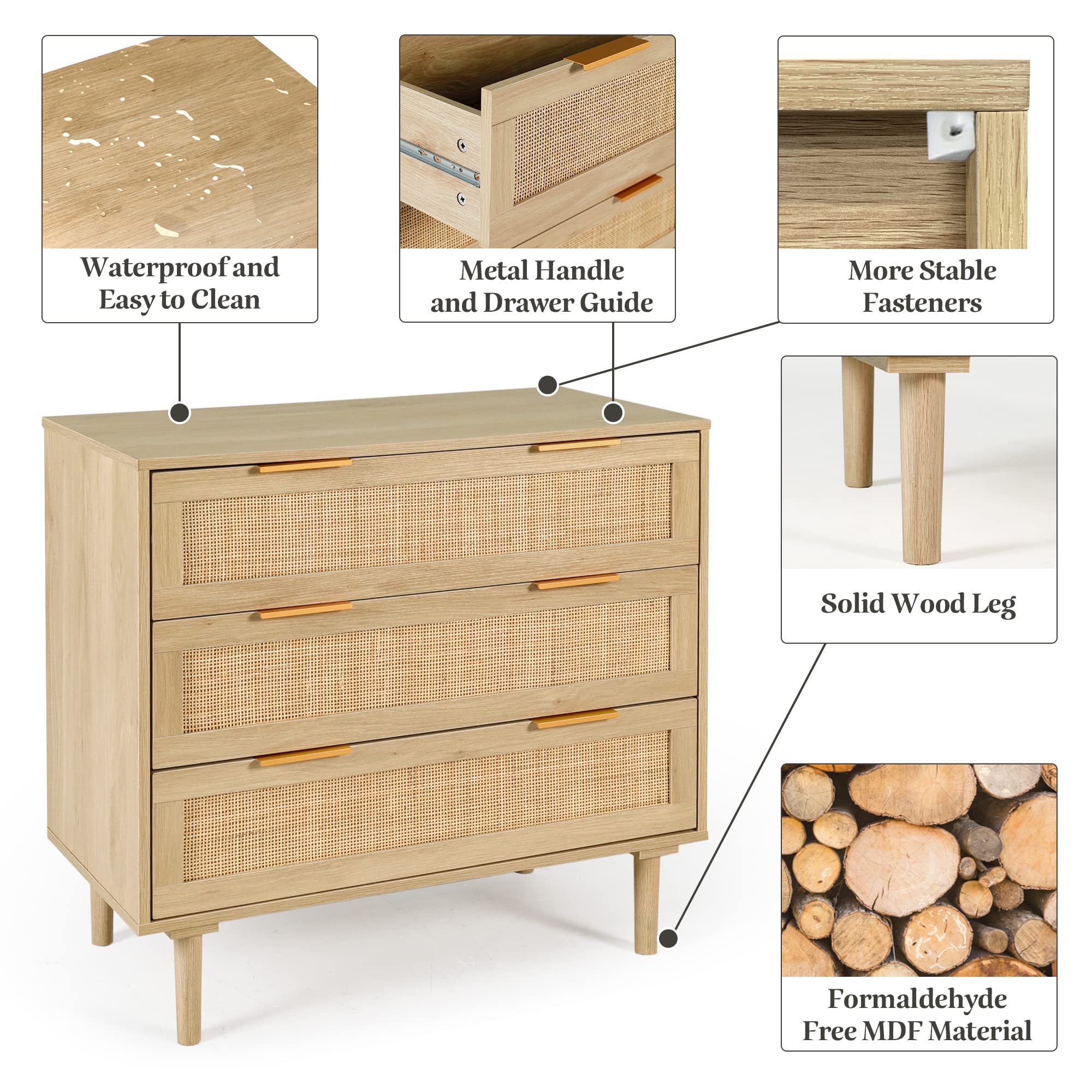 3 Drawer Dresser for Bedroom, Rattan Dresser Modern Closet Dressers Chest of Drawers