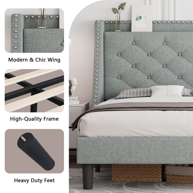 King Size Bed Frame with Aesthetic Wingback, Upholstered Platform Bed with Diamond Tufting Headboard