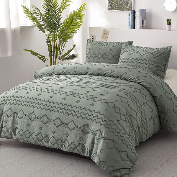 Green Tufted Comforter Set Cal King Size (102×96 inches), Boho Shabby Chic Comforter Geometry Embroidery Bedding Set