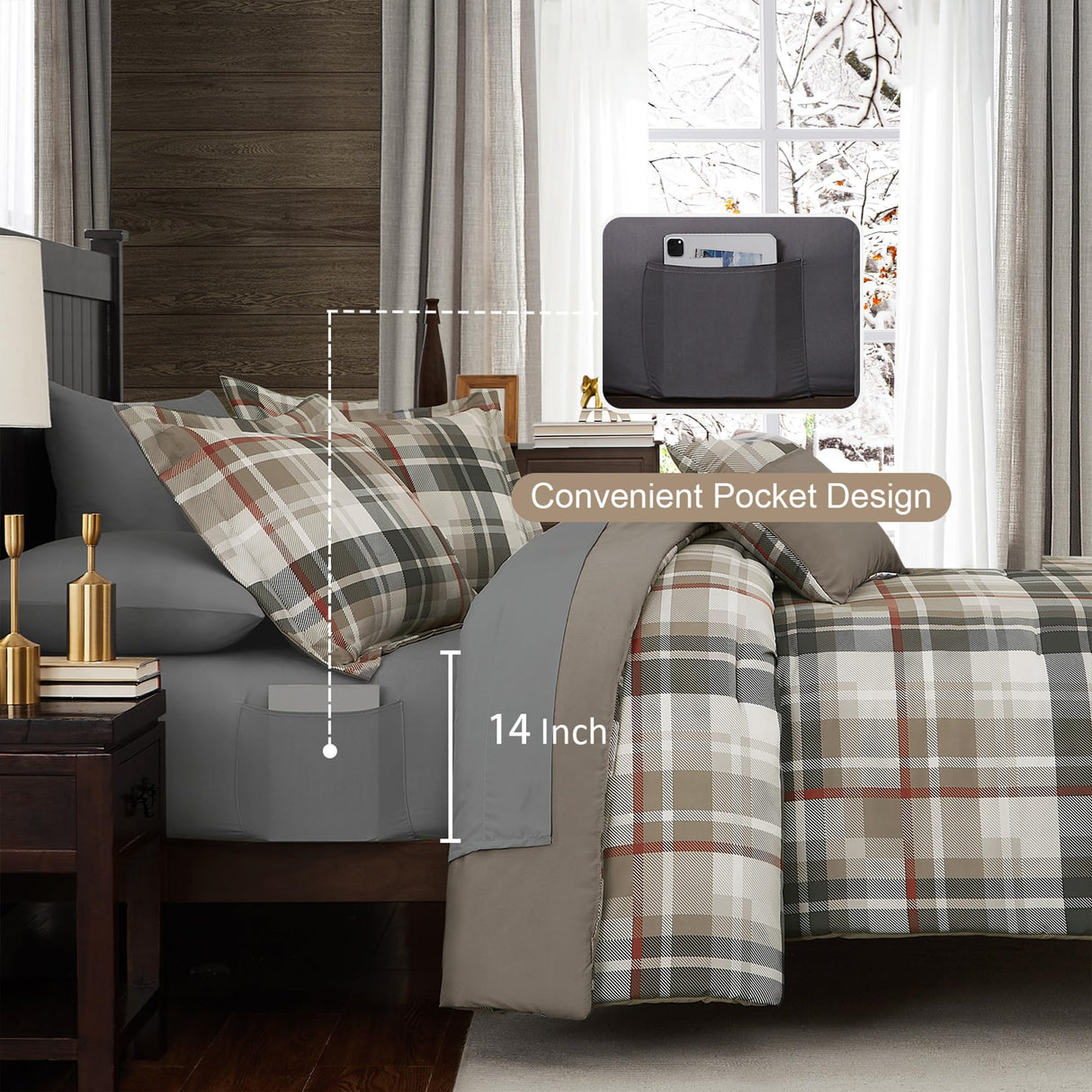 Queen Comforter Set, Plaid Design Comforter Set 7 Pieces