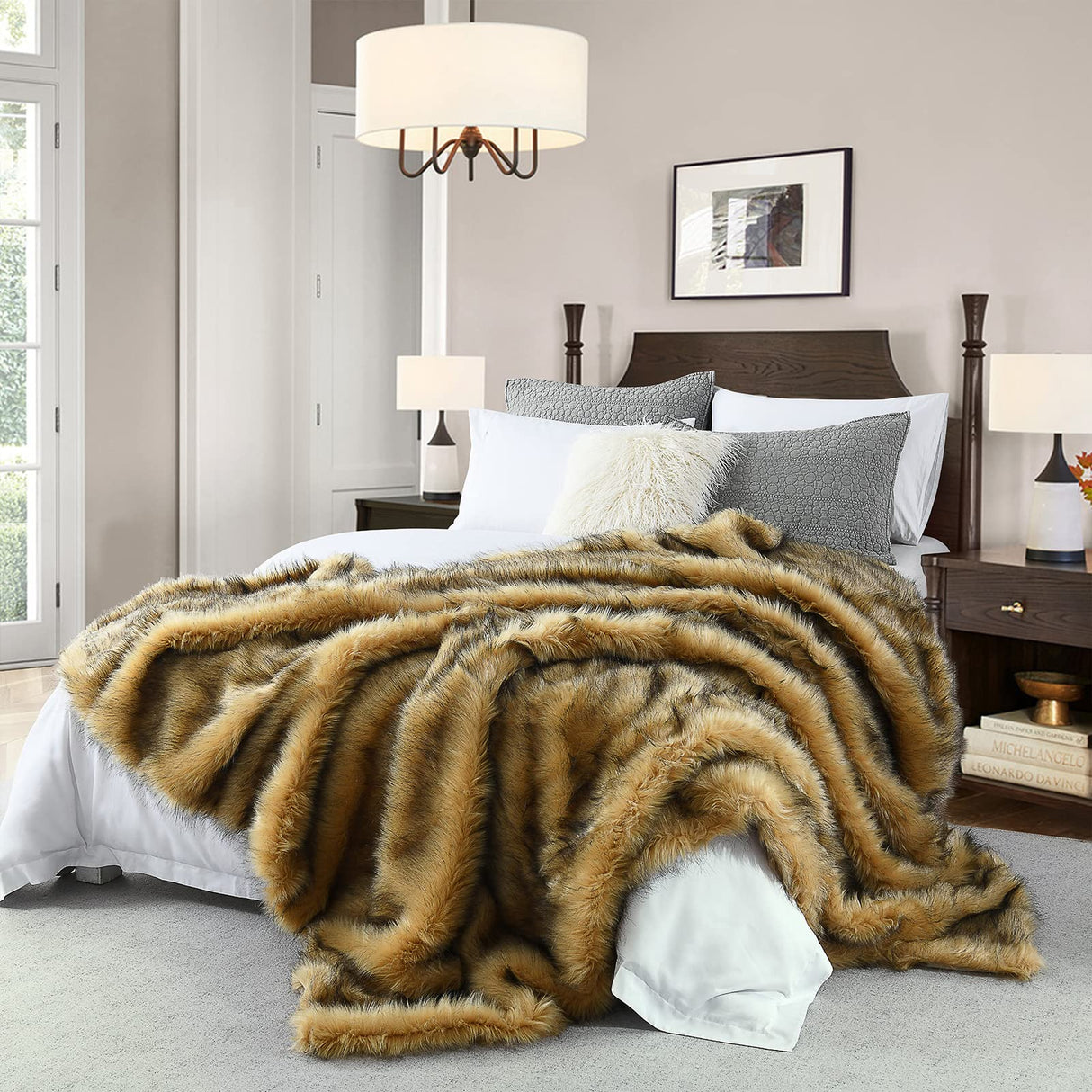 Luxury Plush Faux Fur Blanket King Size, Long Pile Golden Yellow with Black Tips Blanket