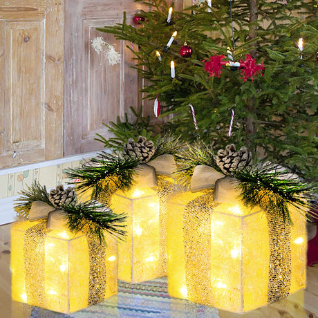 Set of 3 Christmas Lighted Gift Boxes, Pre-lit 60 LED Light