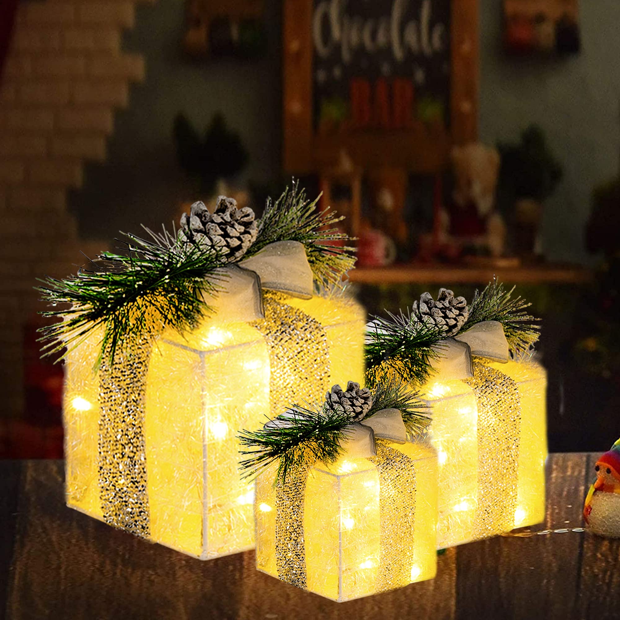 Set of 3 Christmas Lighted Gift Boxes, Pre-lit 60 LED Light