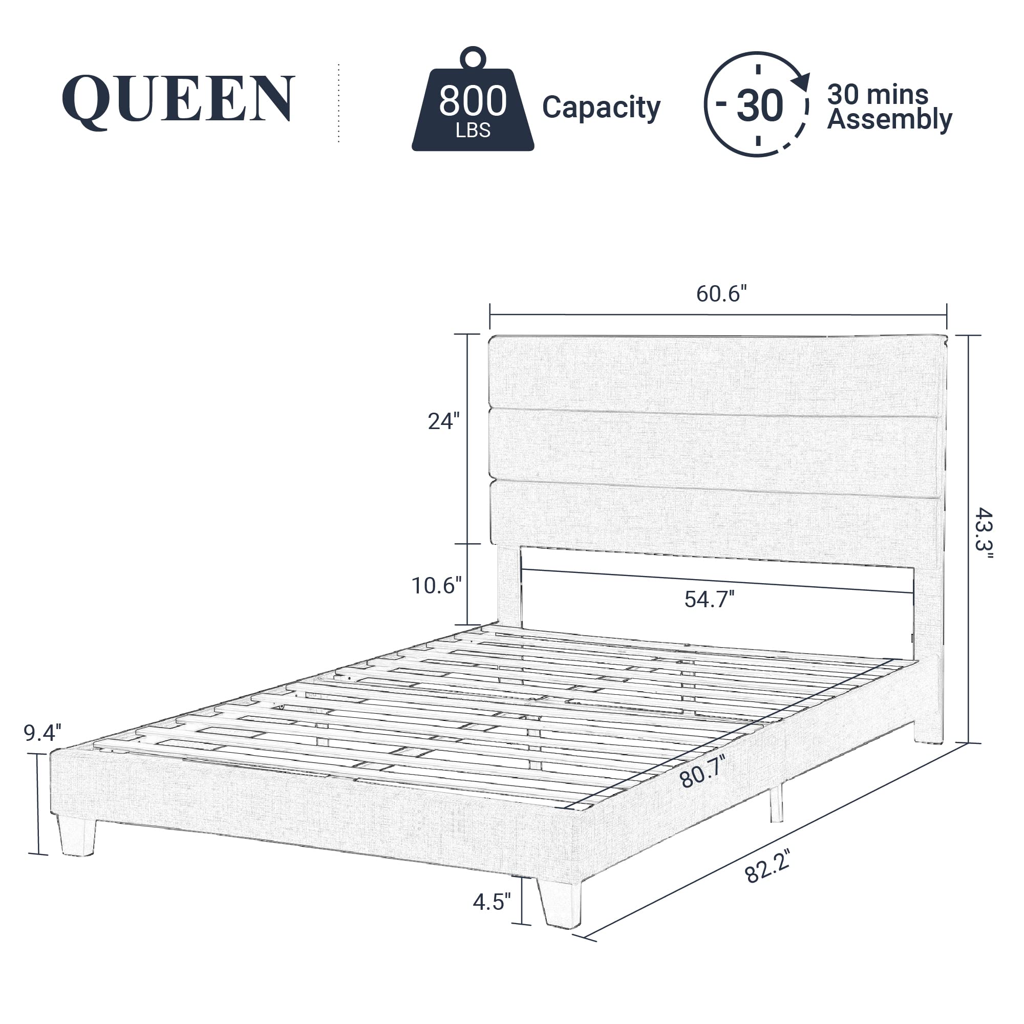 Queen Size Platform Bed Frame with Fabric Upholstered