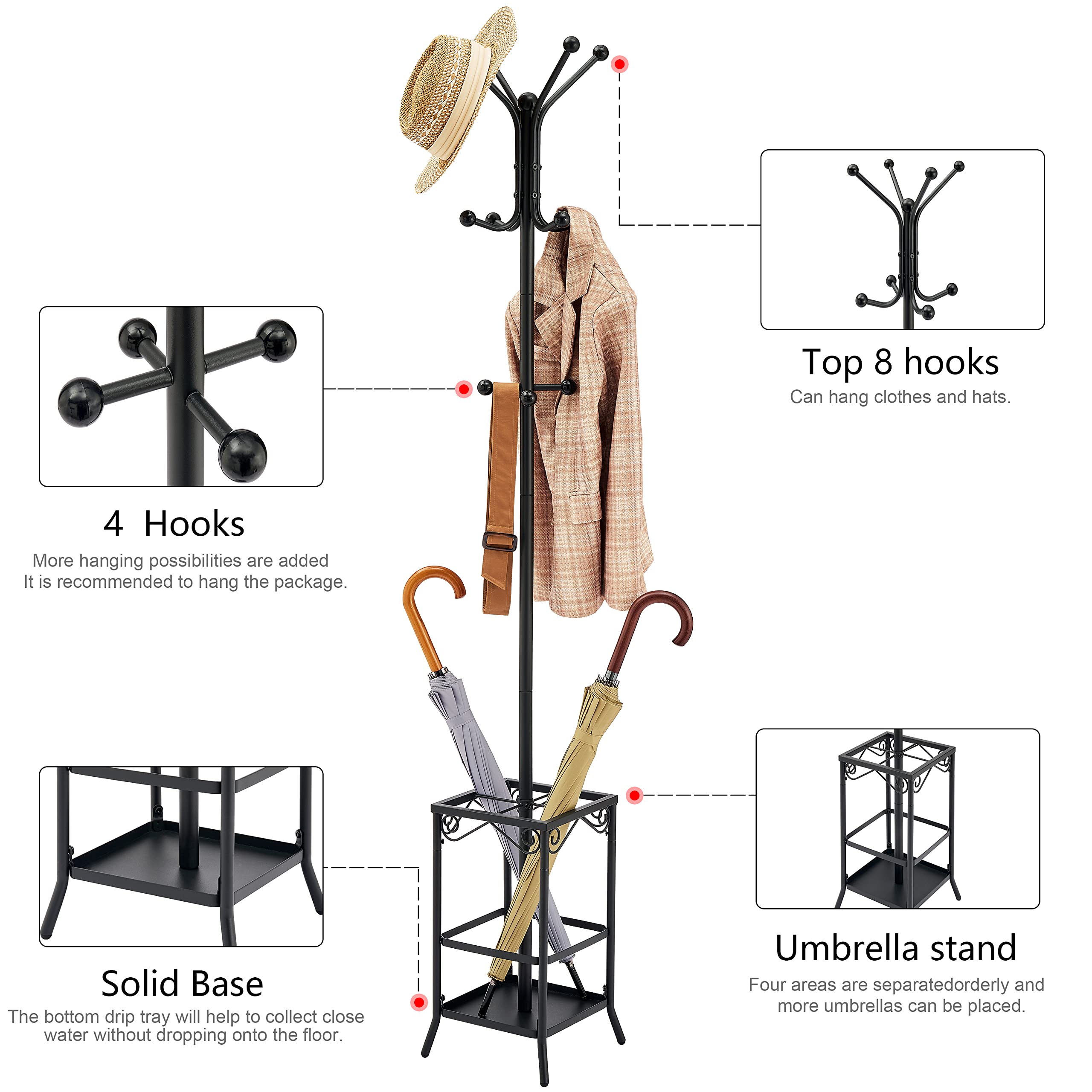 Coat Rack Freestanding, Entryway Coat Hanger Stand, Umbrella Holder