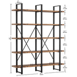 Industrial Bookshelf and Bookcase Double Wide 5 Tier, Large Open Shelves