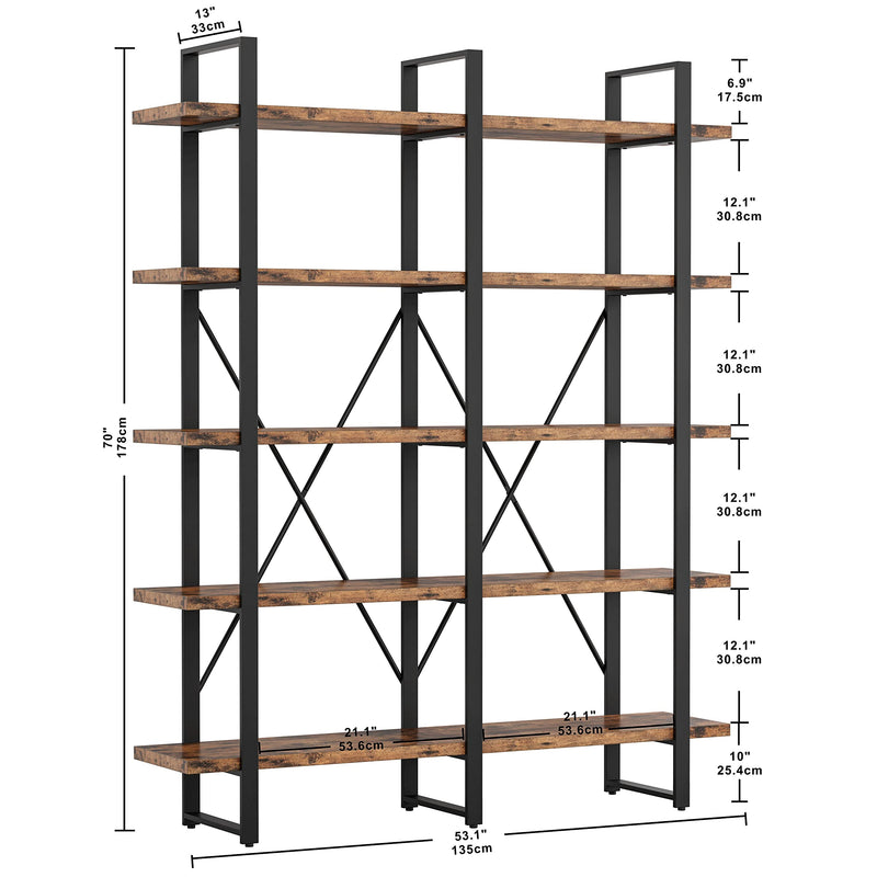 Industrial Bookshelf and Bookcase Double Wide 5 Tier, Large Open Shelves