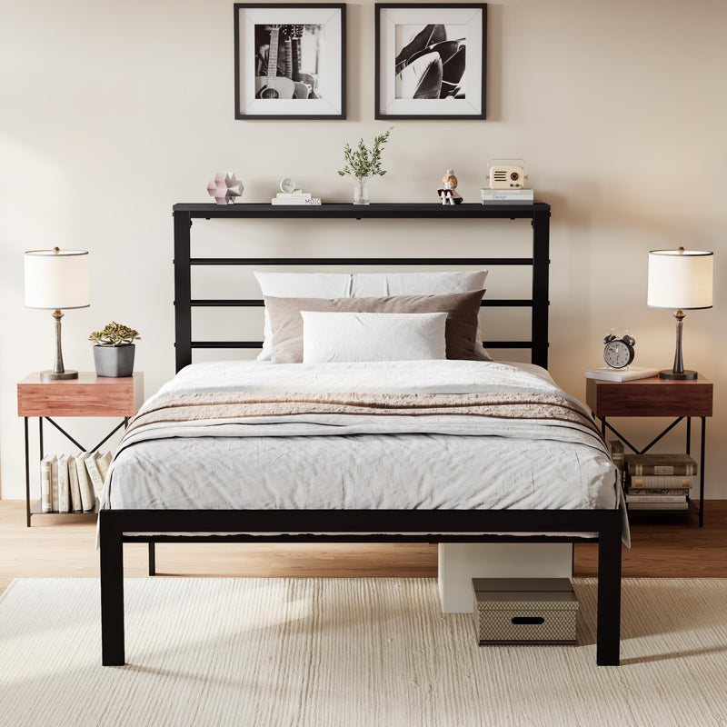 Twin Size Bed Frame with Headboard Shelf, Heavy Duty Platform Bed Frame