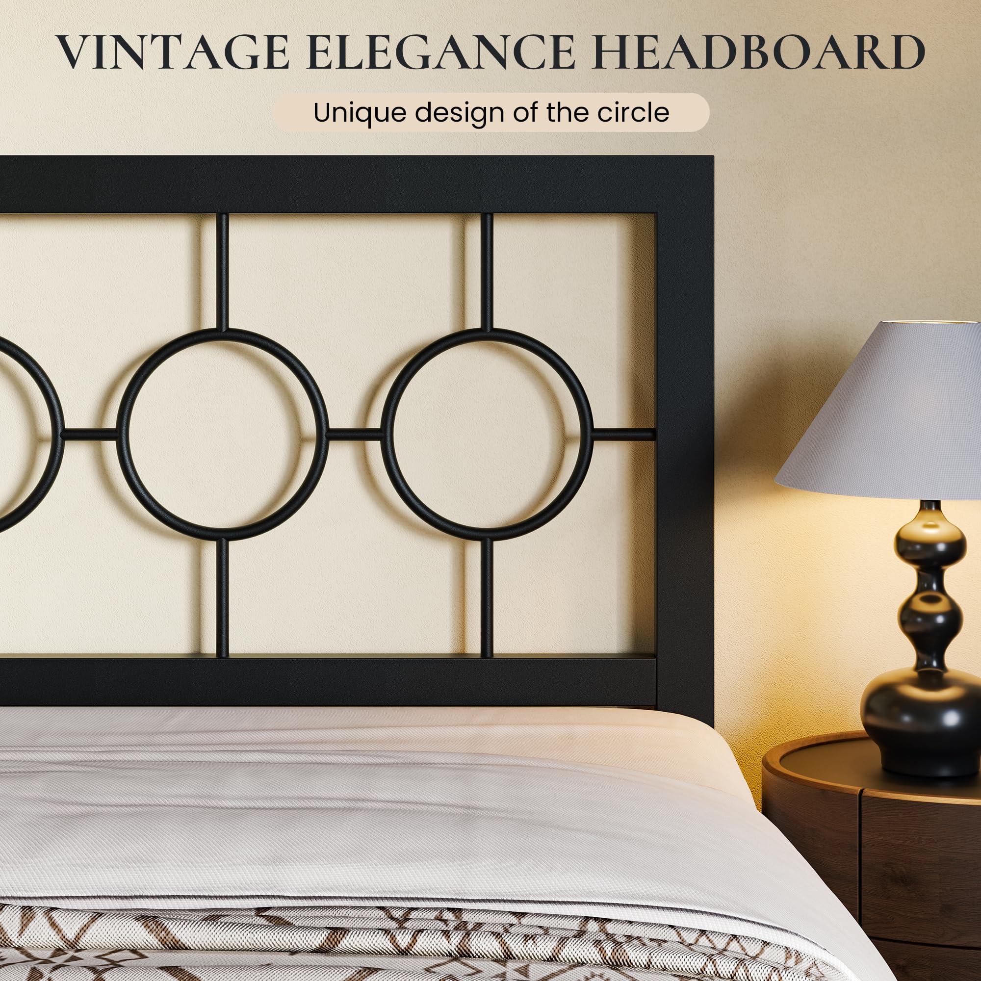 King Size Metal Bed Frame with Vintage Circular Design Headboard and Footboard