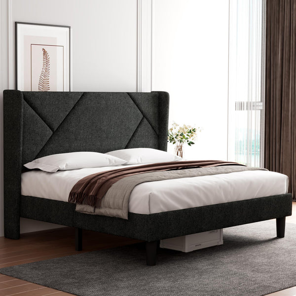 Queen Size Platform Bed Frame with Headboard, Upholstered Bed Frame with Solid Wood