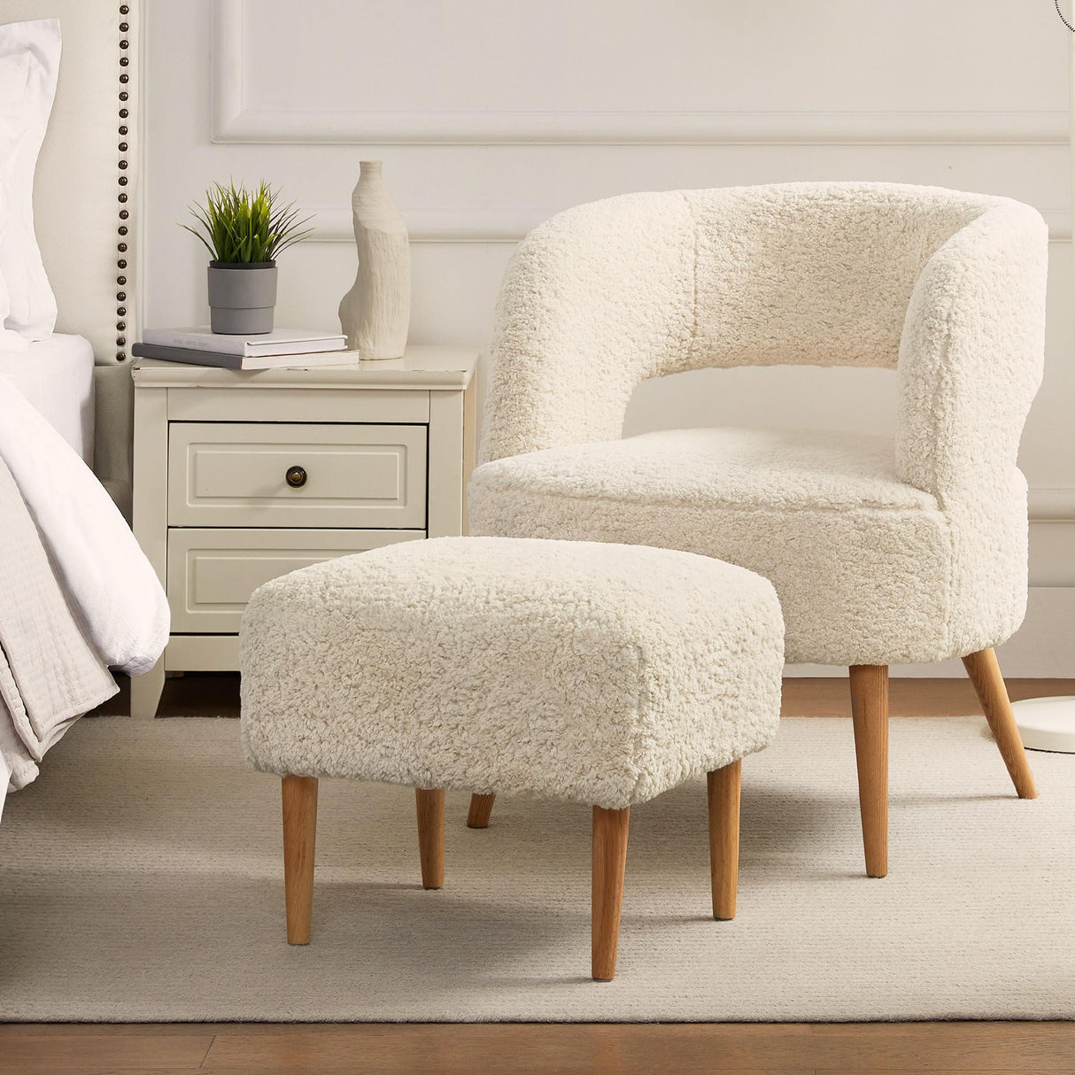 Accent Chair with Ottoman Teddy Fleece Upholstered