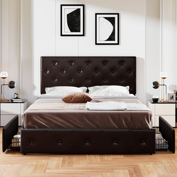 Upholstered Full Size Platform Bed Frame with 4 Storage Drawers