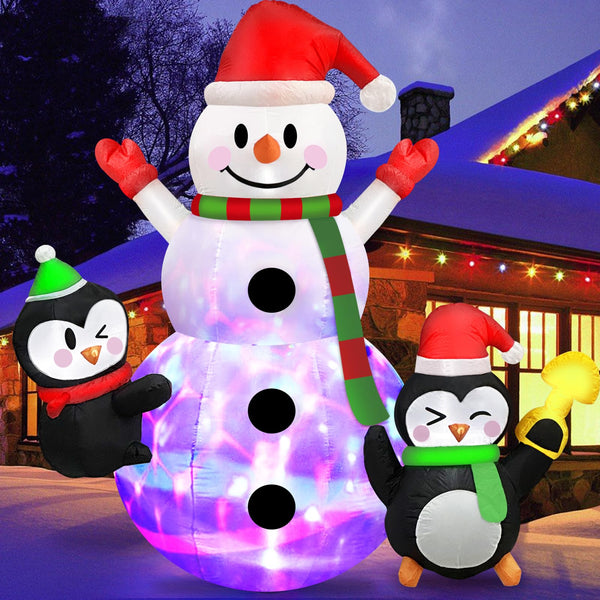 7 FT Christmas Inflatable Snowman with Penguins Built-in Rotating Colorful LED Lights