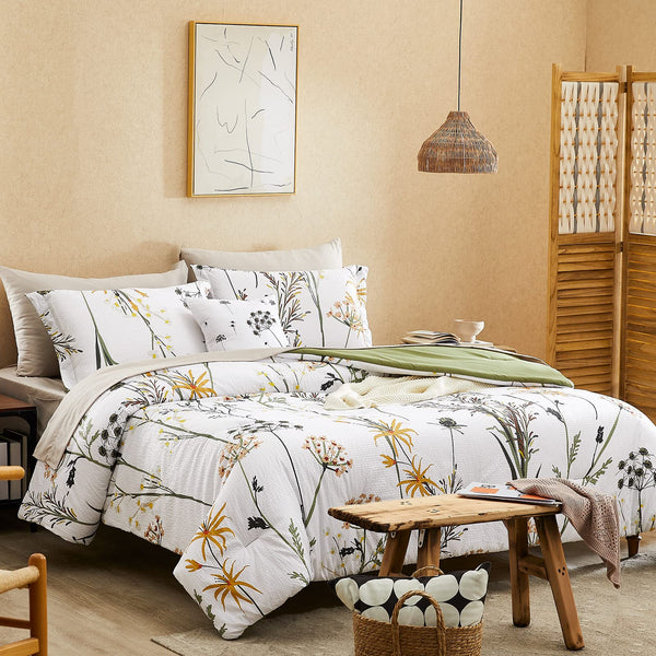 Full Comforter Set 8 PCS White & Green Dandelion Plant Comforter Set with Flowers Leaves Pattern