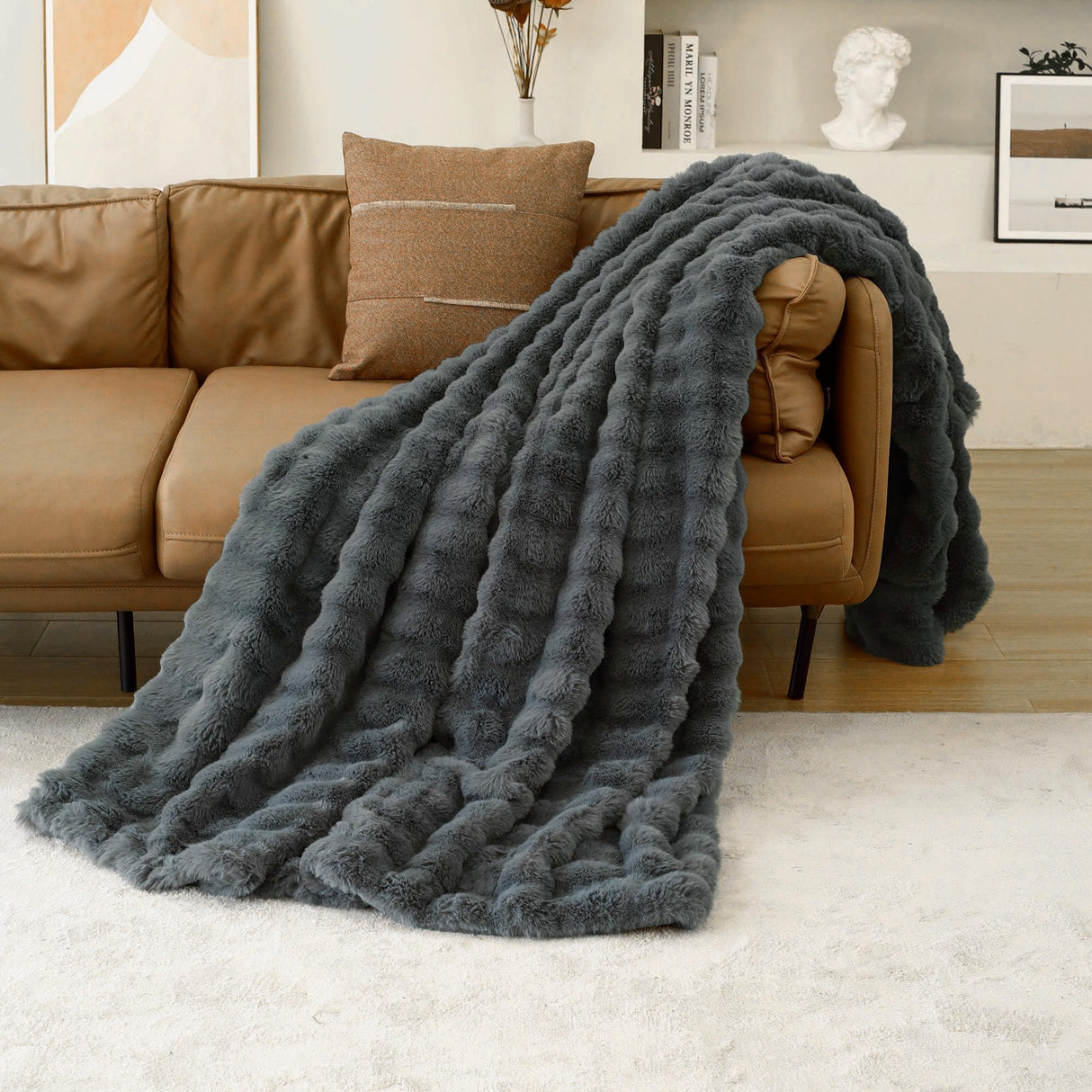 Soft Throw Blanket, 10lb Dark Grey Ultra Warm Fuzzy Blankets Furry Reversible Faux