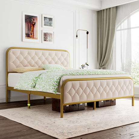 Full Size Bed Frame, Upholstered Bed Frame with Diamond Tufted Headboard