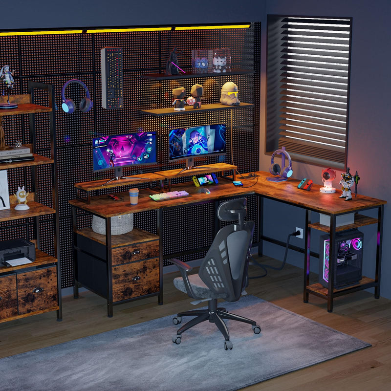 66” L Shaped Desk with Power Outlet, Reversible Computer Desk with File Drawer