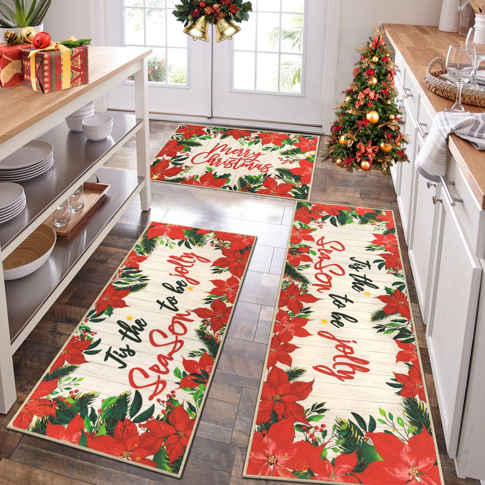 Christmas Kitchen Rugs Sets of 3 Non Slip Kitchen Mats