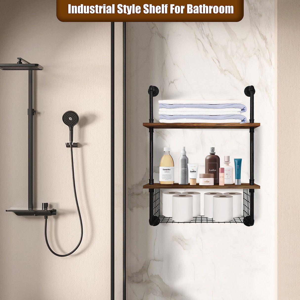 Industrial Pipe Shelving 2 Tiers 24in Bathroom Shelves Wall Mounted