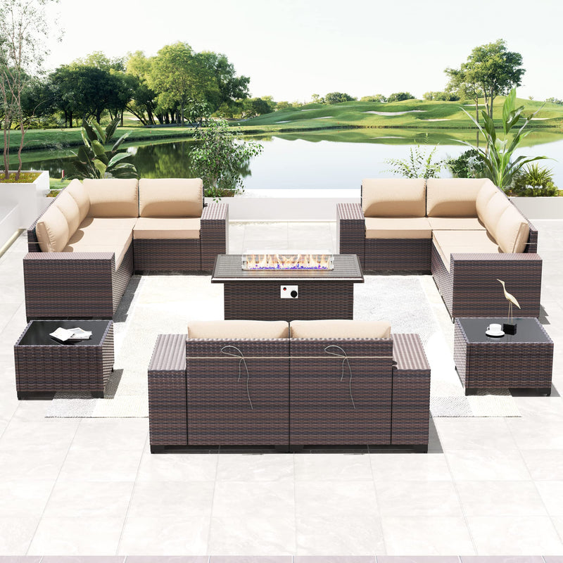 Outdoor Patio Furniture Set with Propane Fire Pit Table, 13 Pieces Outdoor Furniture