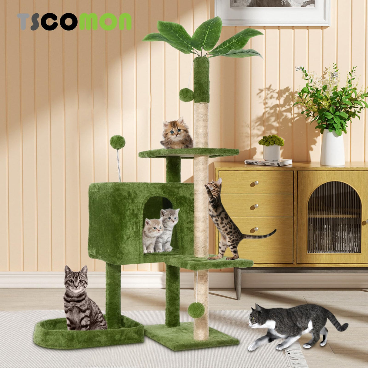 Cat Tree Cat Tower for Indoor Cats with Green Leaves