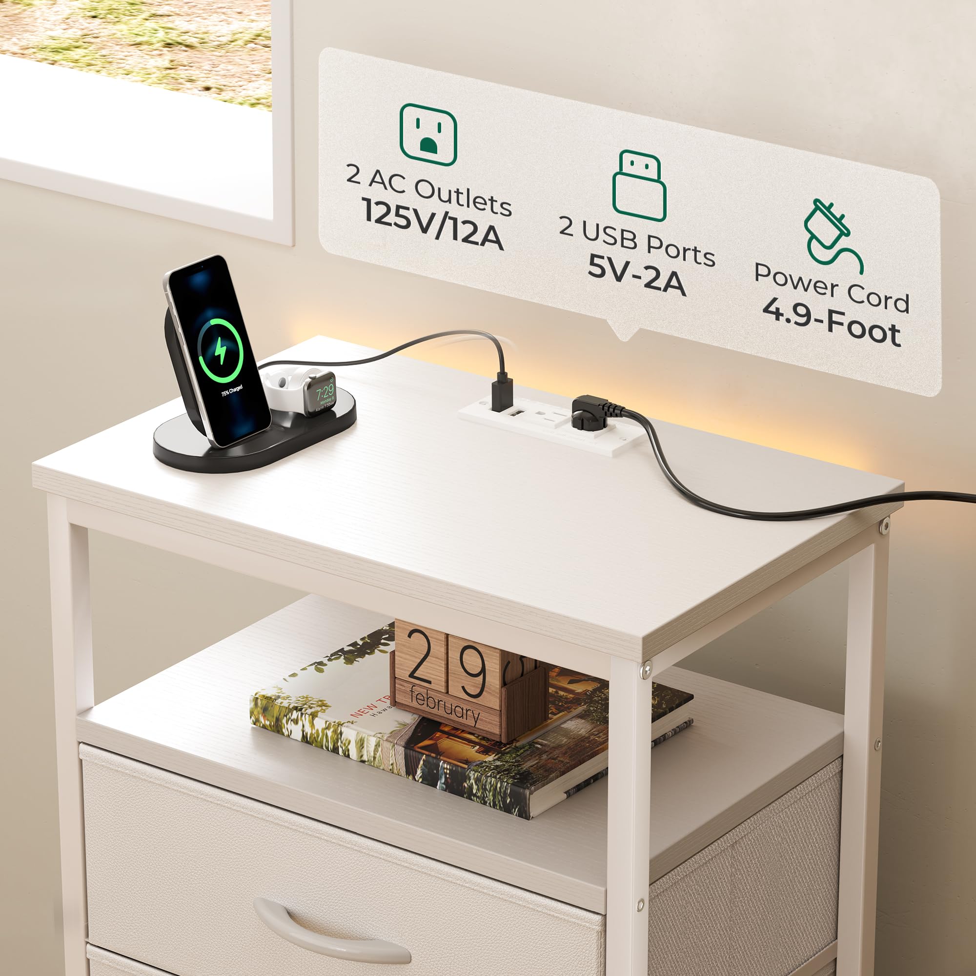 5 Drawers Dresser with Charging Station, Dresser for Bedroom, Tall Night Stand
