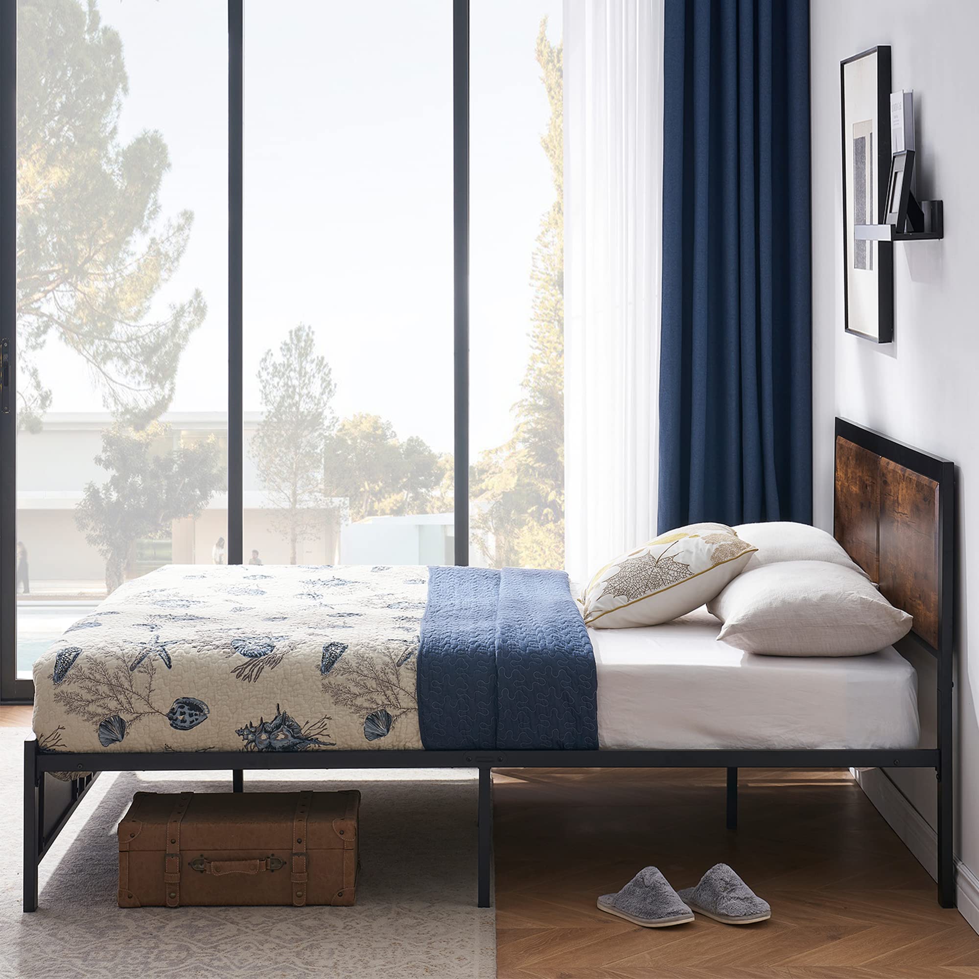 Full Platform Bed Frame with Rustic Vintage Wood Headboard