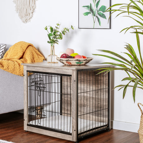 Dog Crate Furniture with Cushion, Wooden Dog Crate with Double Doors, Dog Furniture