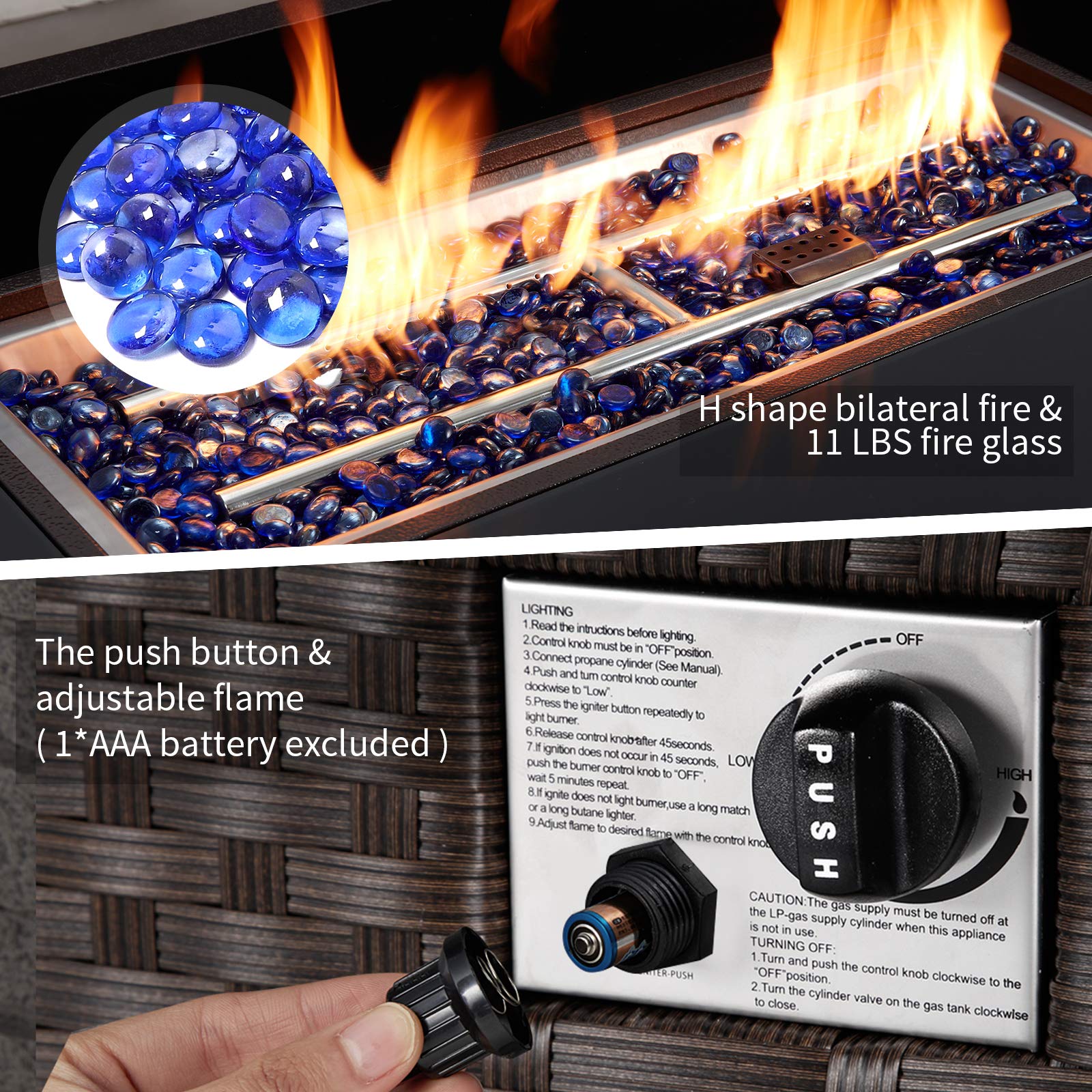 44in  Gas Fire Pit  50,000 BTU Auto-Ignition Gas with Glass Wind Guard