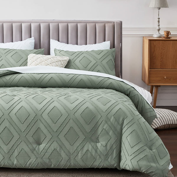 Boho Queen Comforter Set, Sage Green Rhombus Tufted Queen Size Comforter Set