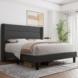 Queen Bed Frame, Upholstered Platform Bed Wingback, Wood Slats Support