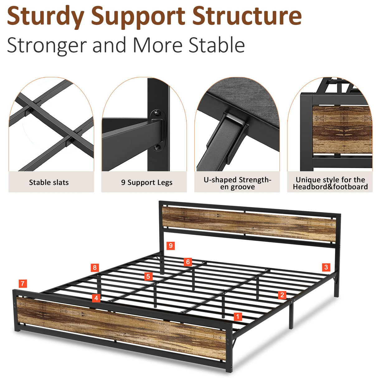 King Size Platform Bed Frame with Industrial Wood Headboard and 12 Strong Support Meta