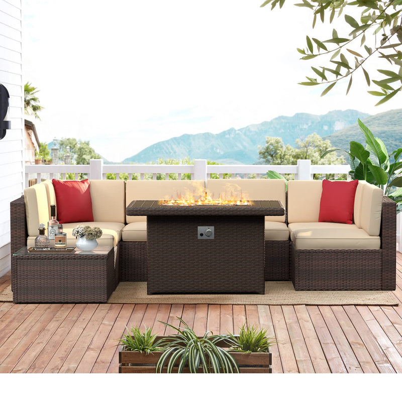 Patio Furniture Set 8PCS with 43" Fire Pit Table Outdoor Sectional Sofa Set
