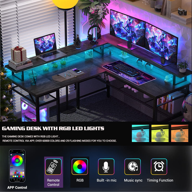 L Shaped Computer Desk, Reversible Corner Desk with Power Outlet and LED Strip