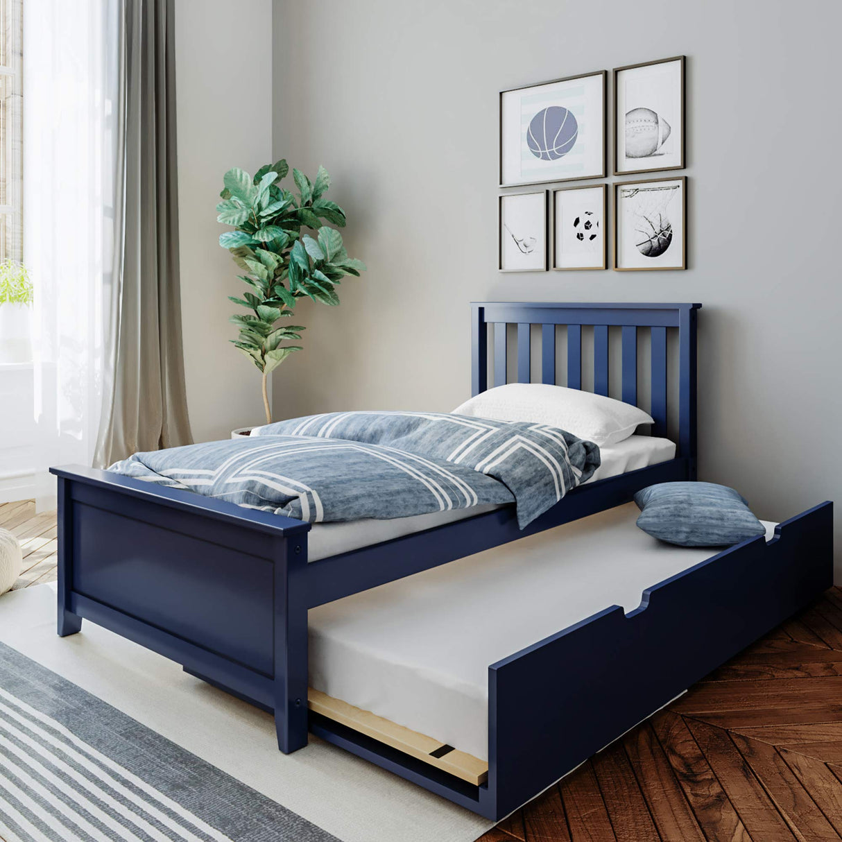 Twin Bed, Wood Bed Frame with Headboard For Kids with Trundle