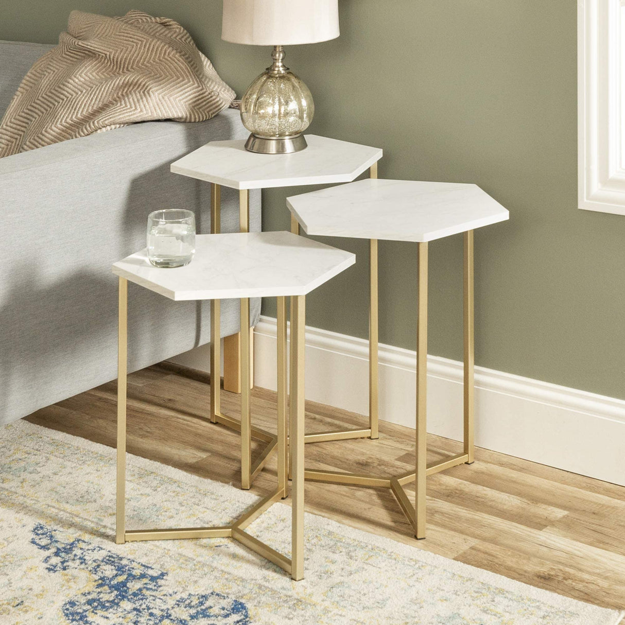 Hexagon Nesting Side End Table Set Living Room Storage Small