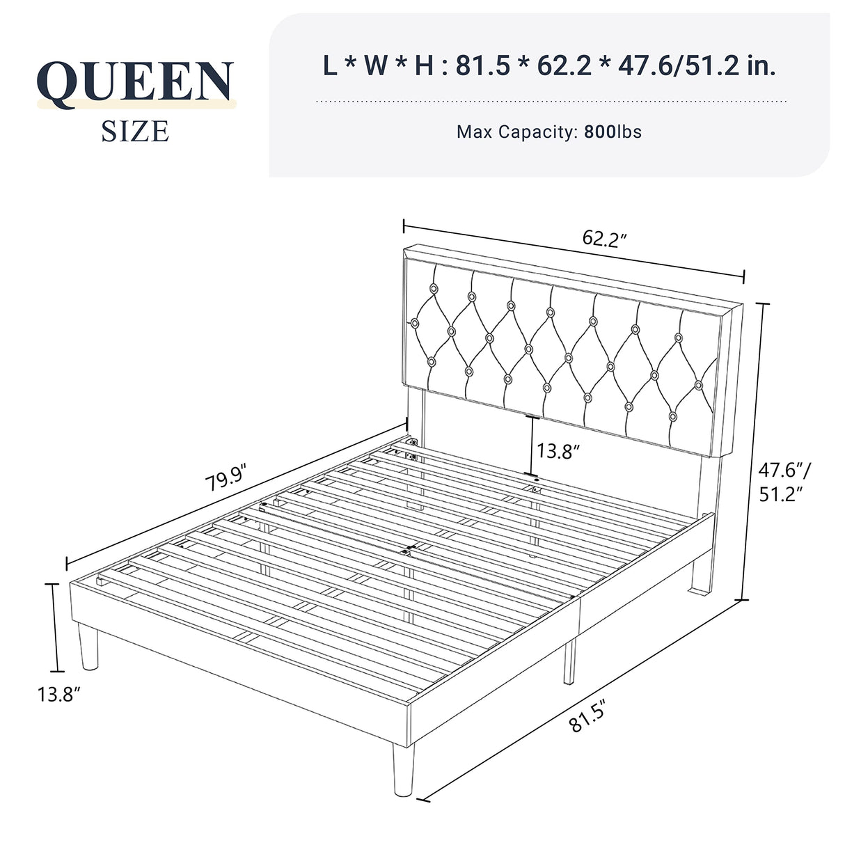 Queen Size Button Tufted Platform Bed Frame