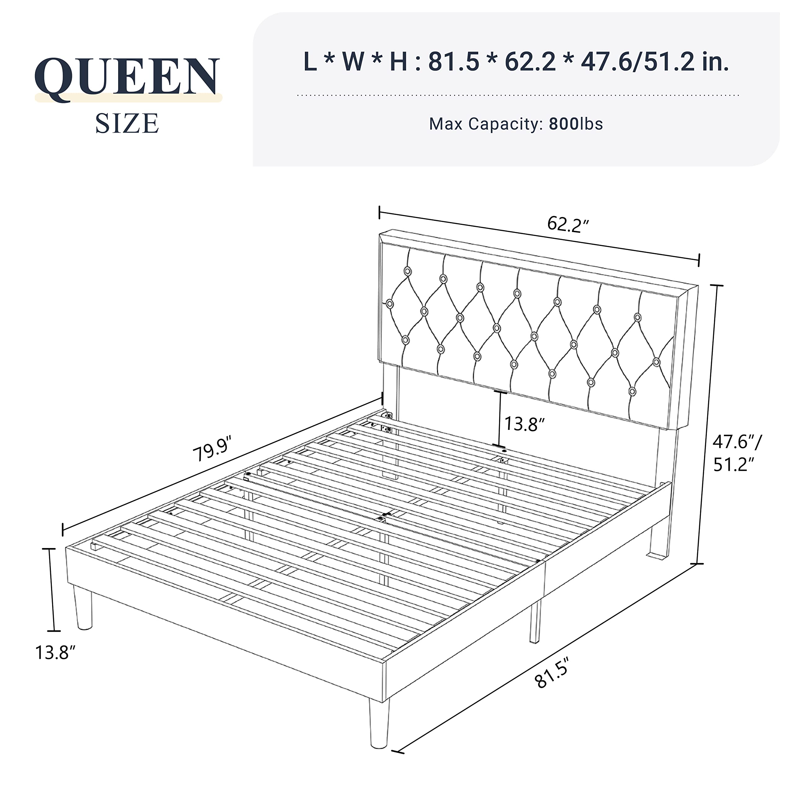 Queen Size Button Tufted Platform Bed Frame