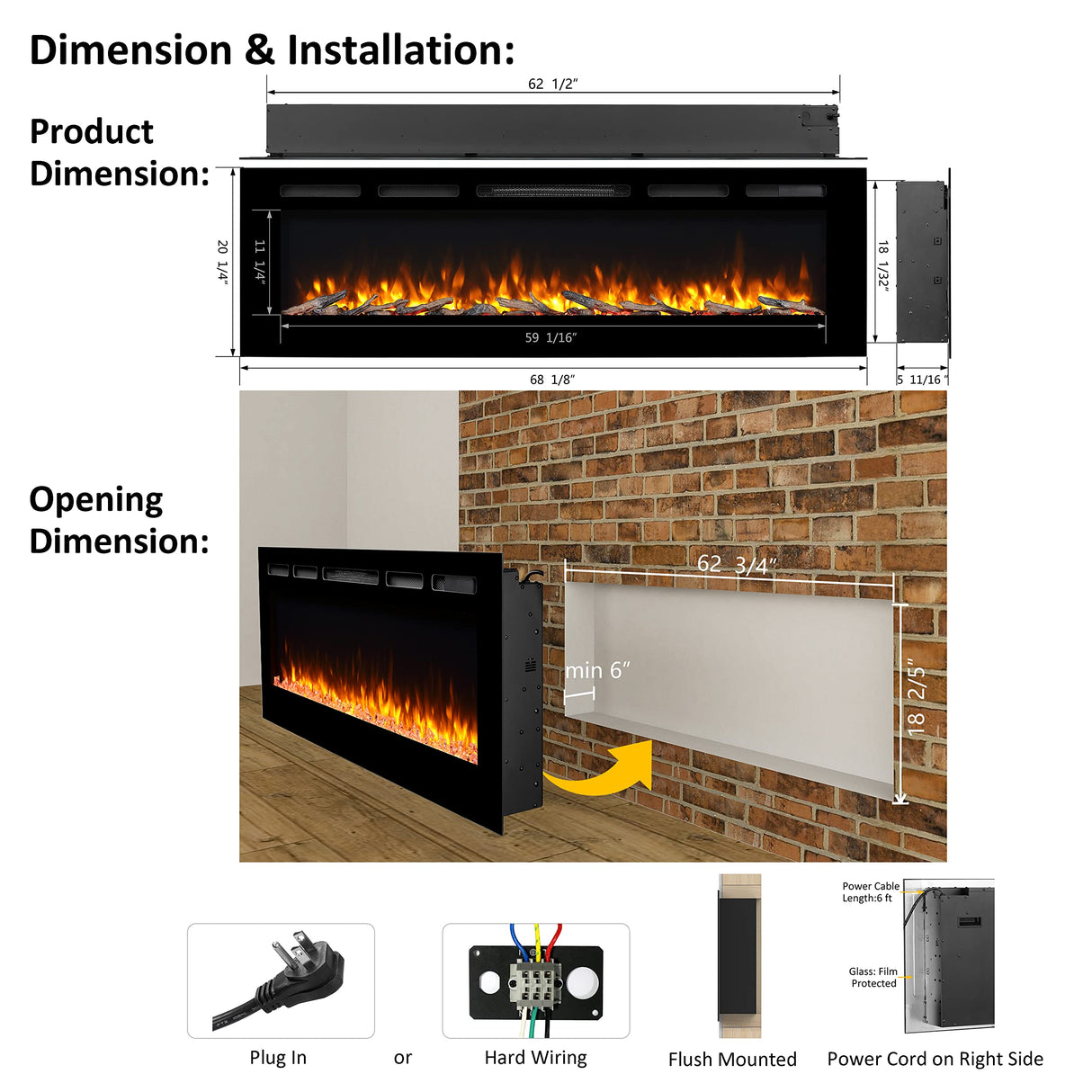 Alice 68 Inches Recessed Electric Fireplace