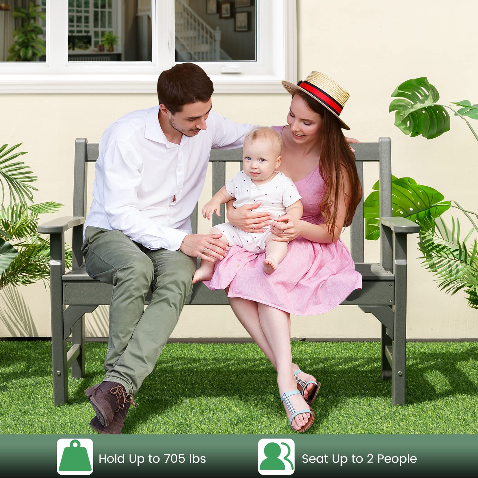 Outdoor Patio Garden Bench - All-Weather HDPE Patio Bench with Backrest