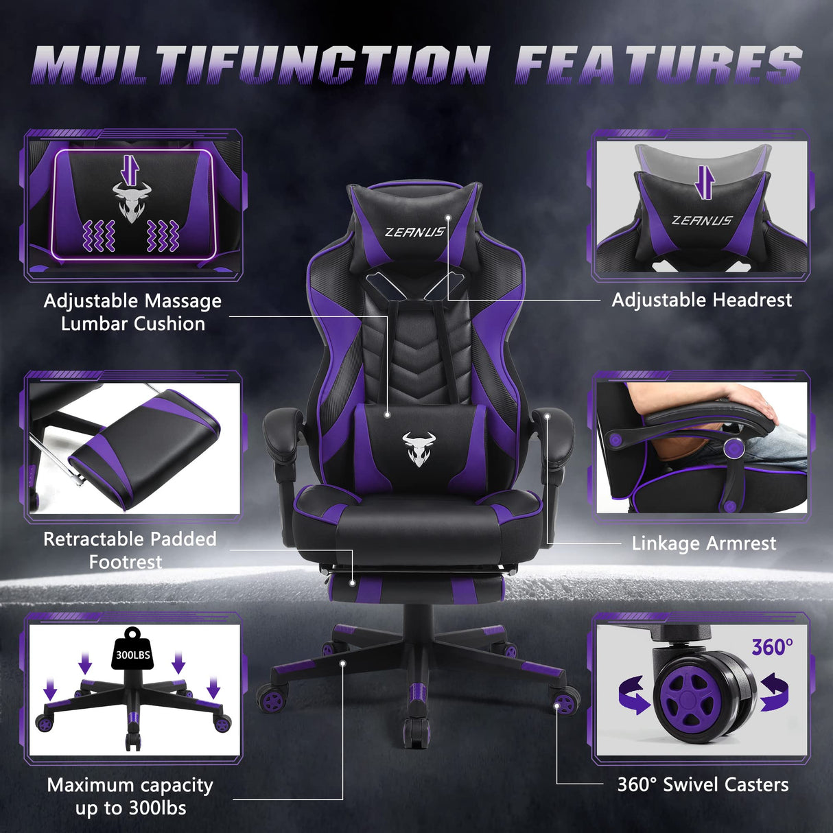 Purple Gaming Chair, Reclining Computer Chair with Footrest, High Back Gamer Chair with Massage, Large Computer Gaming Chair