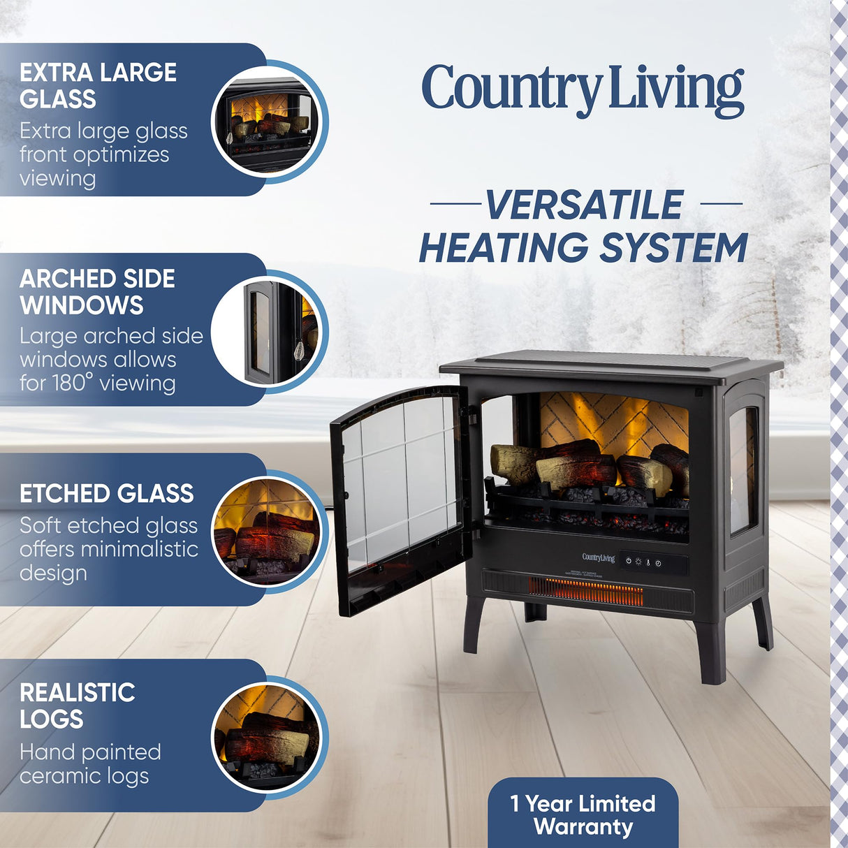 Country Living Infrared Freestanding Electric Fireplace Stove Heater in Navy Blue